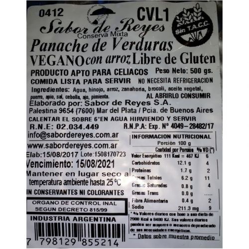 Panache de Verduras Vegano con arroz Libre de Gluten Apto para Celíacos
