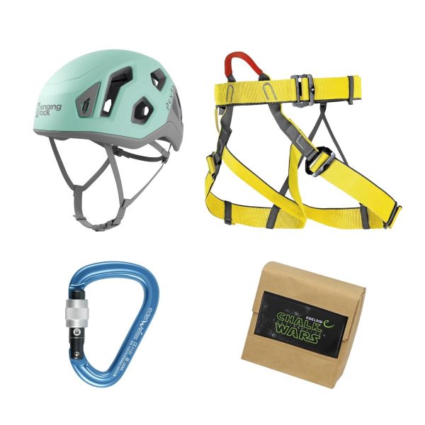Combo Escalada Arnés + Casco + Mosquetón + Magnesio 65g